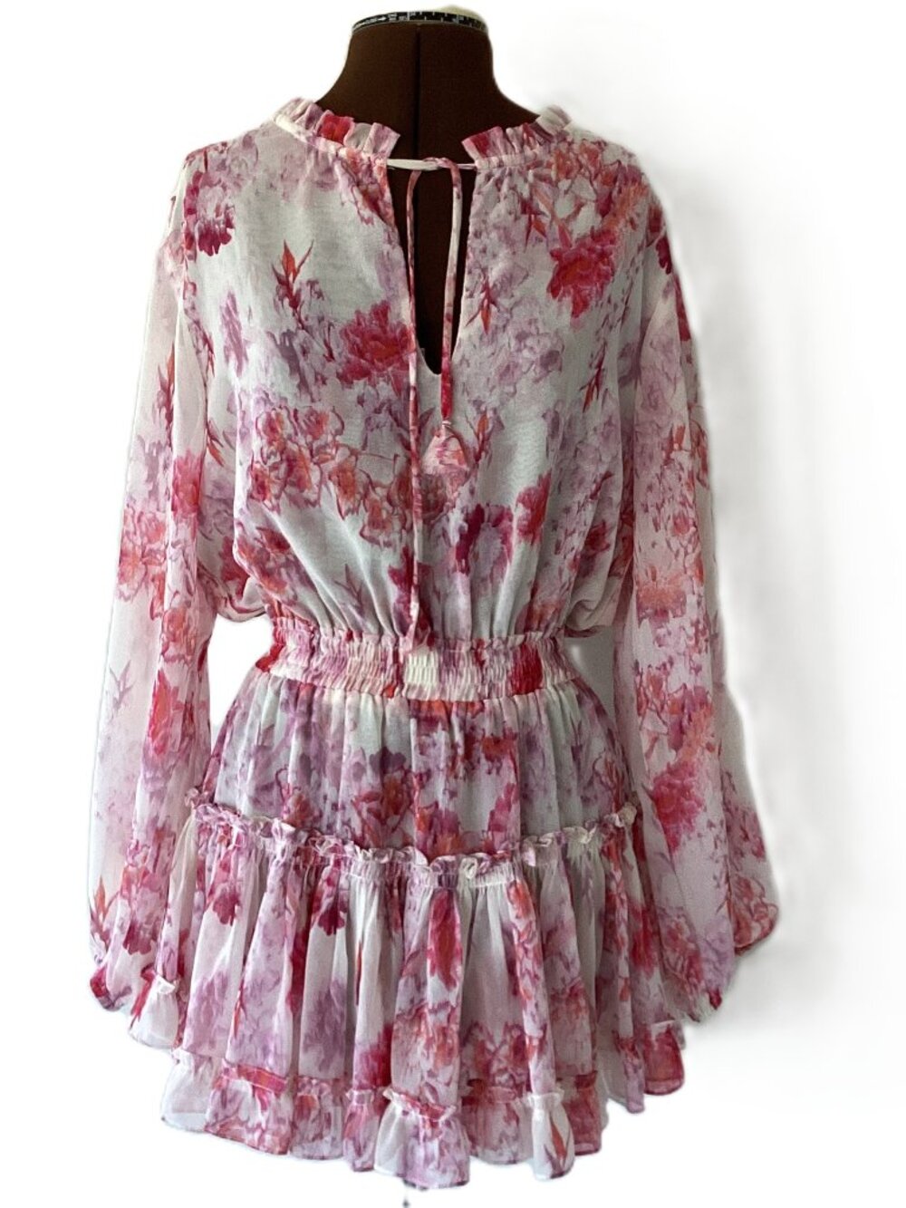 Pink Floral Ruffle‑Tiered Minidress — Smocked Waist, Long Sleeves